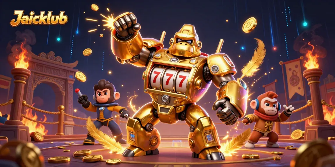Jaiclub's golden gorilla mech conquers the gaming arena with explosive rewards and vibrant energy.