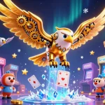 Play iwin and win big with the cybernetic eagle soaring through a colorful casino universe!