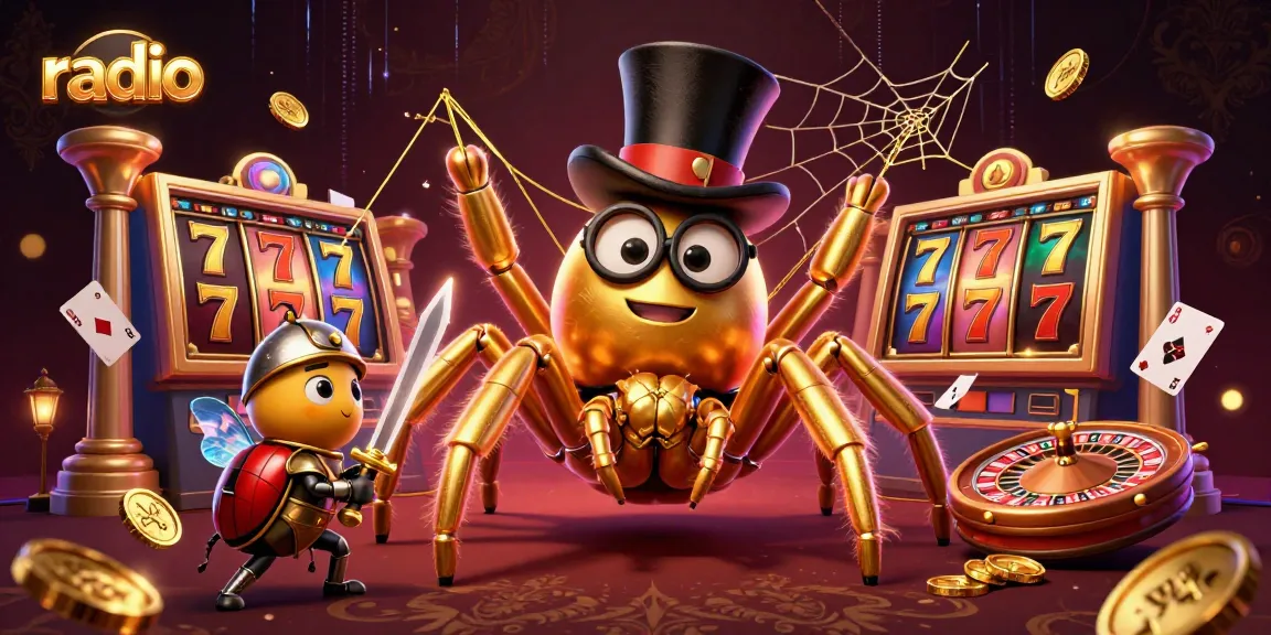 Watch a golden tarantula with a little knight in a vibrant radio casino scene