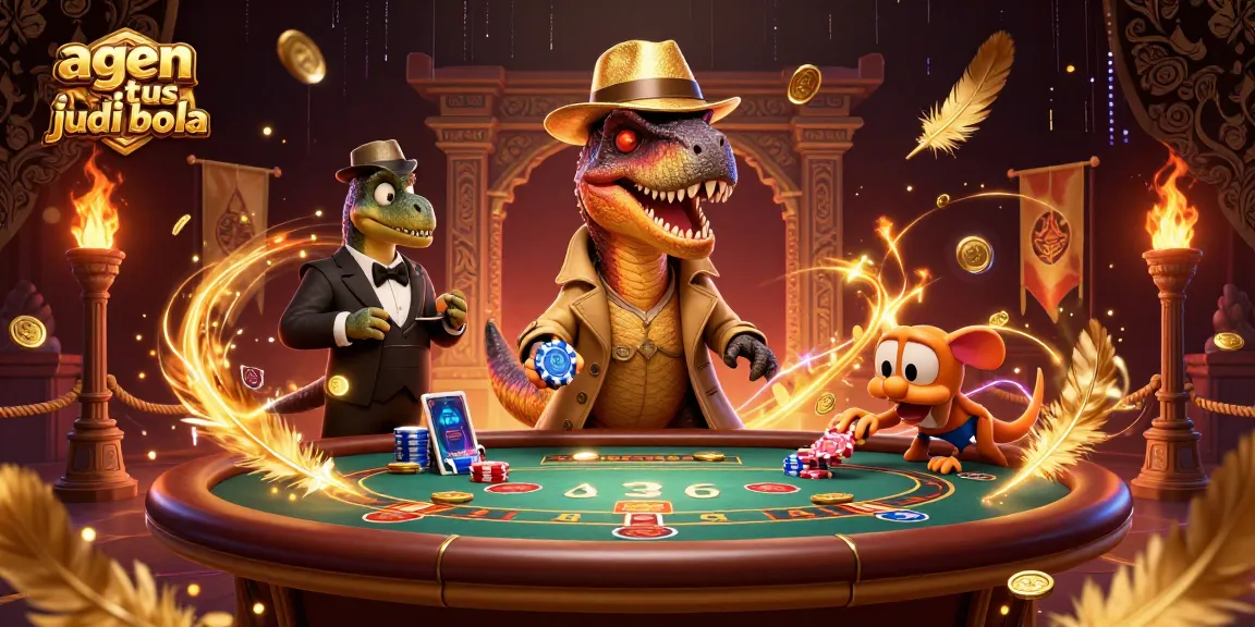 Engage with betting strategies at agen situs judi bola illustrated by a cartoon velociraptor at a blackjack table.