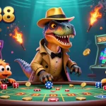 Experience exciting gameplay in say88's vibrant casino scene with a velociraptor card counter and stegosaurus pit boss.