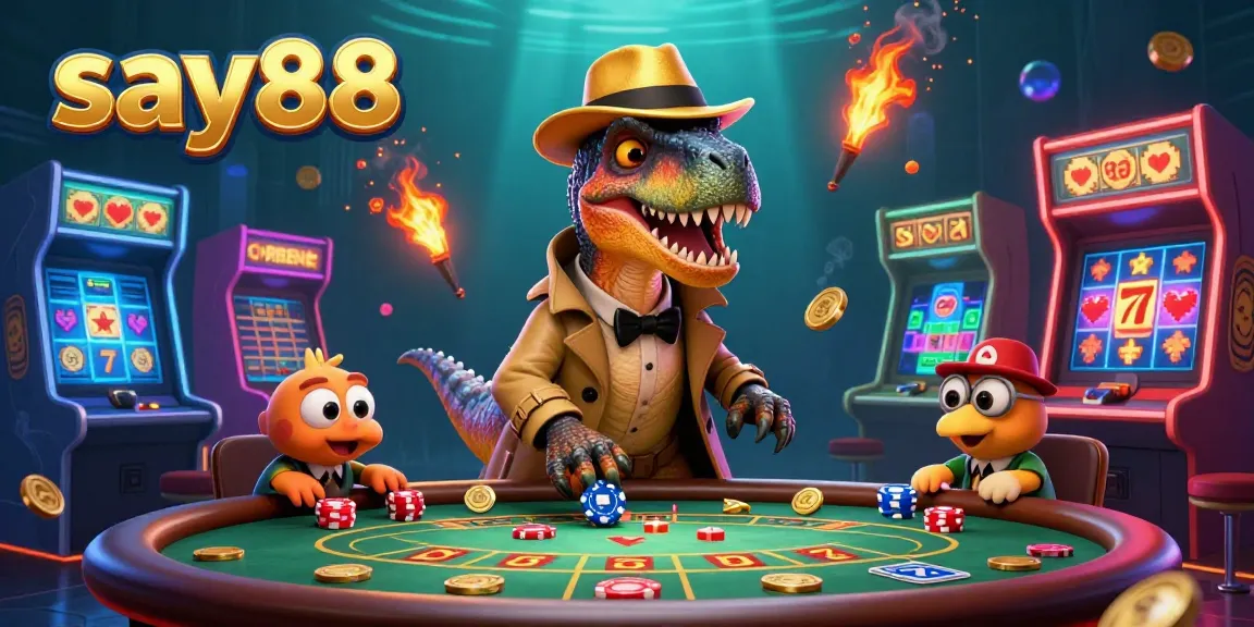 Experience exciting gameplay in say88's vibrant casino scene with a velociraptor card counter and stegosaurus pit boss.