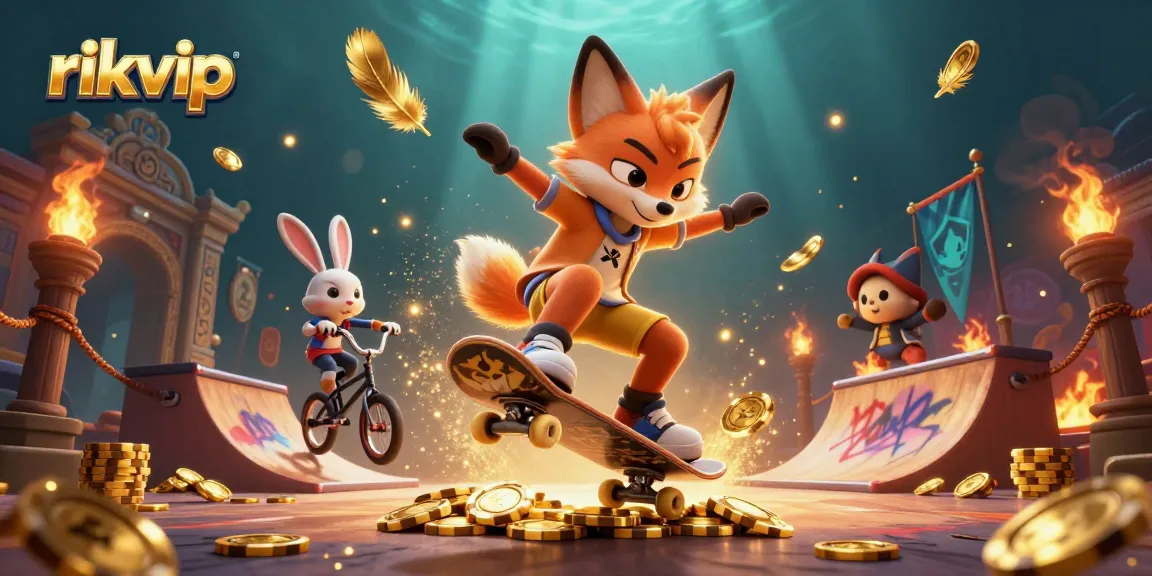 Experience thrilling tricks with rikvip's casino symbols in a vibrant 3D digital scene.