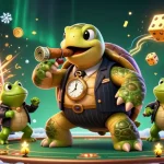 Owltoto jackpot explosion featuring a massive turtle mobster with floating coins and lights