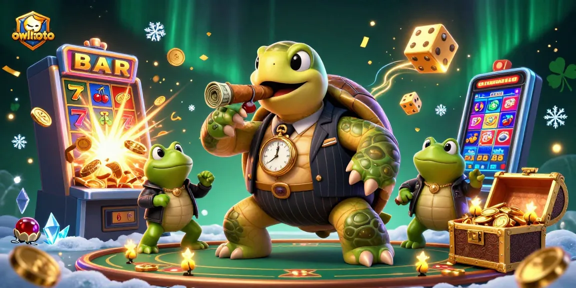 Owltoto jackpot explosion featuring a massive turtle mobster with floating coins and lights