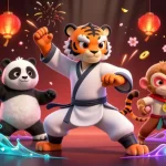 SUNWIN offers thrilling entertainment featuring a kung fu master, panda, and monkey amidst festive symbols.