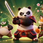 Gambar menarik Bandar Slot Sis77 dengan samurai panda, ninja fox, dan tanuki di lingkungan kasino yang berkilauan.