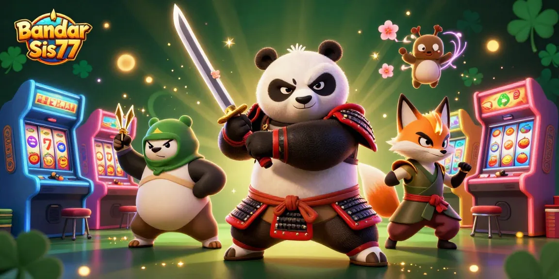 Gambar menarik Bandar Slot Sis77 dengan samurai panda, ninja fox, dan tanuki di lingkungan kasino yang berkilauan.