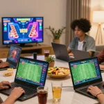 Friends enjoying an online gaming session with lotus365 interface in a cozy living room setting.