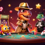 Join the fun with afb88my's animated characters at the blackjack table amidst vibrant casino games.