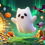 Play iwin interactive gaming experience with a friendly ghost cat and treasure in vibrant casino scene.