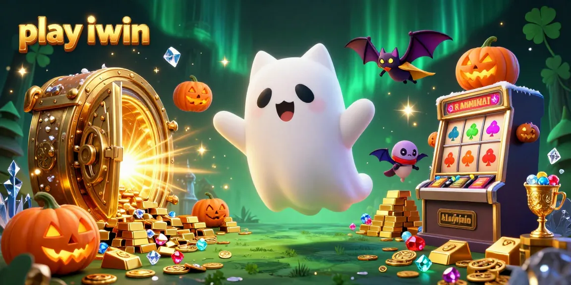Play iwin interactive gaming experience with a friendly ghost cat and treasure in vibrant casino scene.