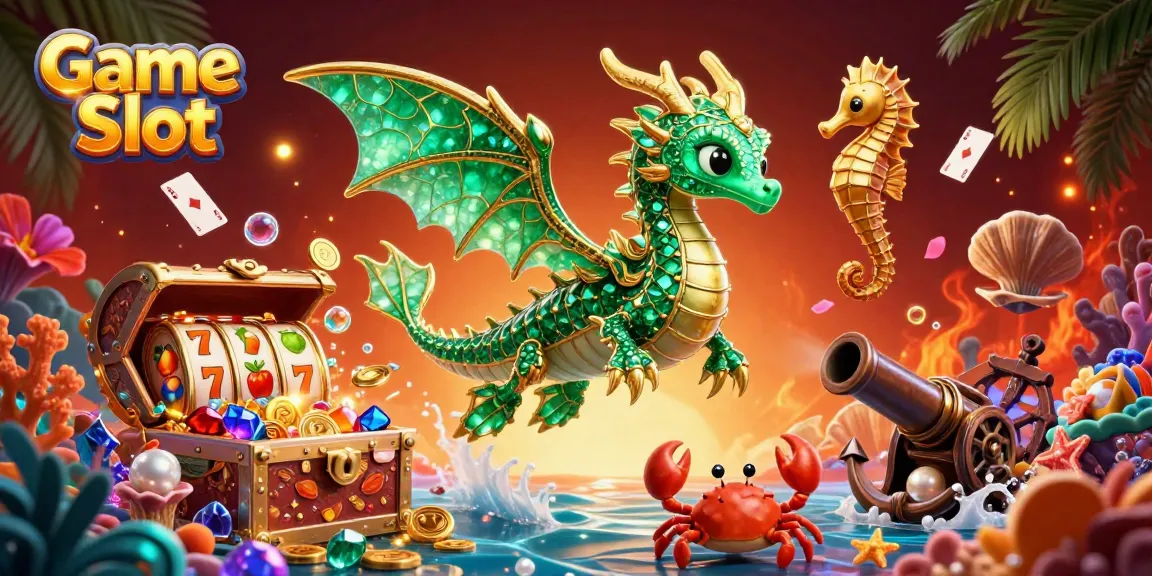 Unlock exciting jackpots with dynamic Game Slot adventure featuring 3D sea dragon and vibrant gems.