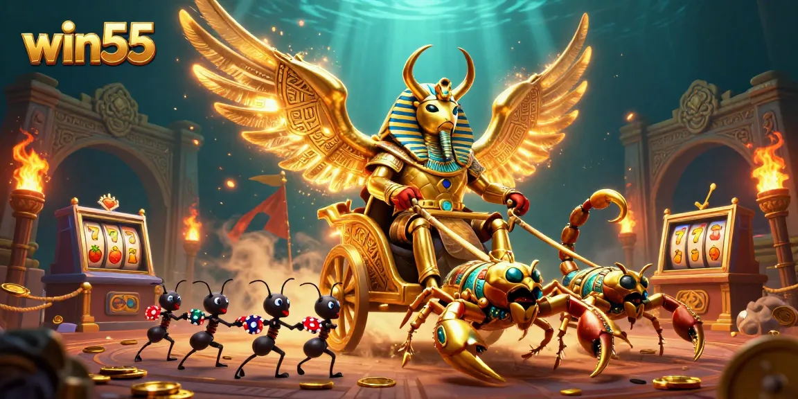 Experience thrilling gameplay on win55 with a vibrant illustration of colossal characters and action-packed casino elements.