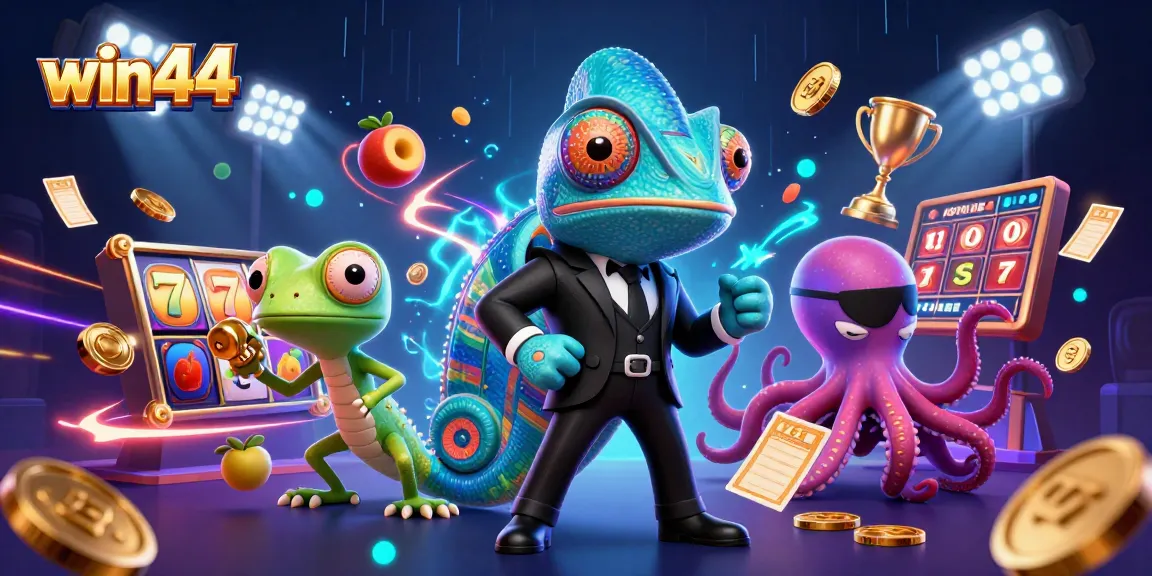 Experience thrilling wins at win44 with this vibrant 3D casino illustration showcasing exciting slot games and rich characters.
