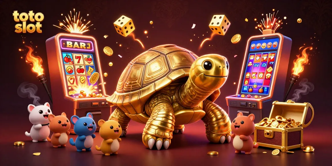 Engage with toto slot excitement in this dynamic scene featuring a golden tortoise pinball machine and roaring jackpots.