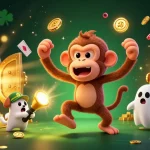 Experience the action of mahjong slot with a playful monkey and a curious puppy in a haunted casino.