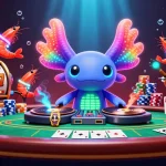 Experience thrilling PayID pokies with a vibrant axolotl DJ and dynamic casino elements.
