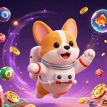 Experience breathtaking dominoqq gameplay with a whimsical 3D scene featuring a floating corgi in a space casino.