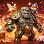 Win88 slot guardians celebrate with coins and treasure in this vibrant 3D illustration scene.