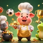 Petirjitu menampilkan pig chef dengan koin emas, dikelilingi bola olahraga, menggoda para penjudi.