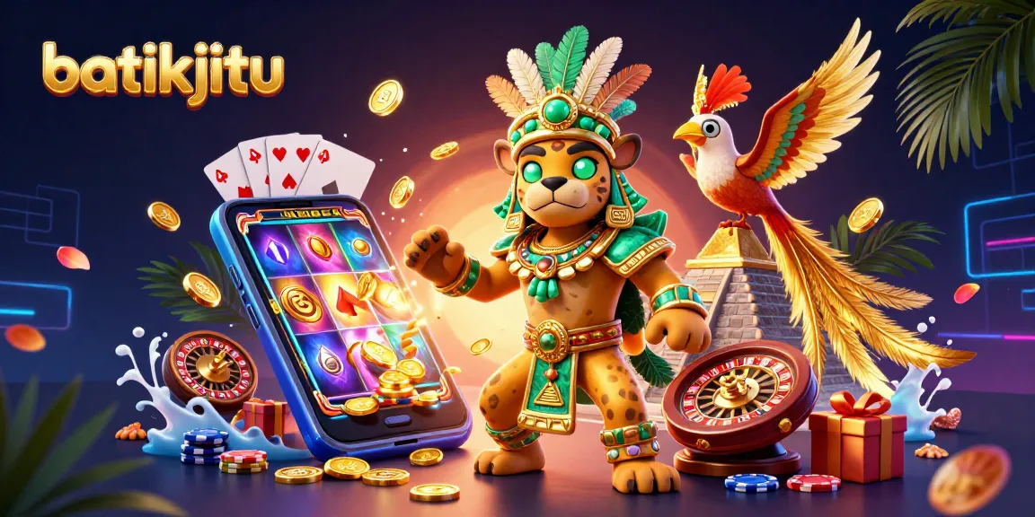 Bermain dengan batikjitu dalam ilustrasi 3D indah yang menampilkan permainan slot dan elemen kasino lainnya.