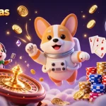 Experience vibrant casino action in the crazyvegas space scene with a floating corgi and shimmering coins.