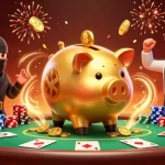 Socolive showcases a lively 3D scene with a golden piggy bank wrestler, engaging in dynamic action amidst poker elements.