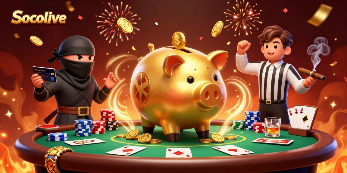Socolive showcases a lively 3D scene with a golden piggy bank wrestler, engaging in dynamic action amidst poker elements.