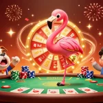 Engage with the dynamic casino site action as a vibrant flamingo spins a prize wheel amid festive gaming elements.