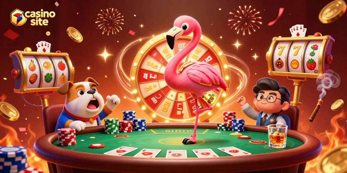 Engage with the dynamic casino site action as a vibrant flamingo spins a prize wheel amid festive gaming elements.