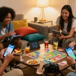 Exciting friends playing Card Rummy on mobile devices, engaging in real-money games at https://cardrummyapp.com.pk/ in a cozy atmosphere