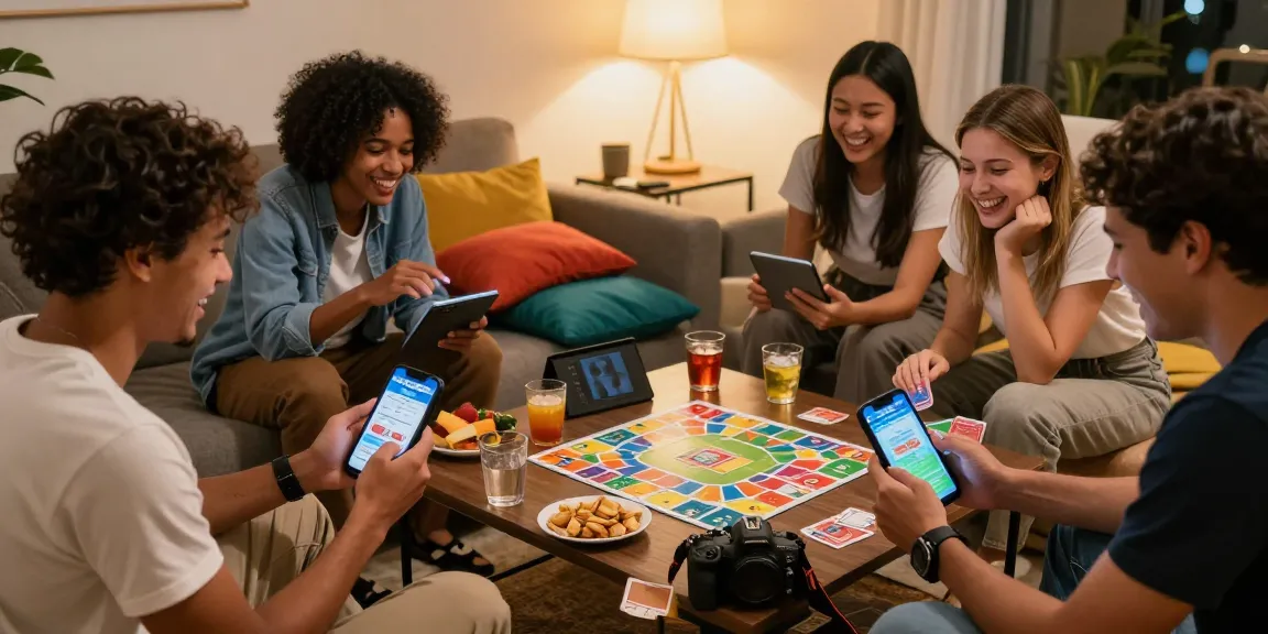 Exciting friends playing Card Rummy on mobile devices, engaging in real-money games at https://cardrummyapp.com.pk/ in a cozy atmosphere