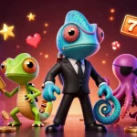 Gambarkan rajakadal dalam permainan slot yang penuh warna, menyenangkan dengan elemen kasino yang menarik.