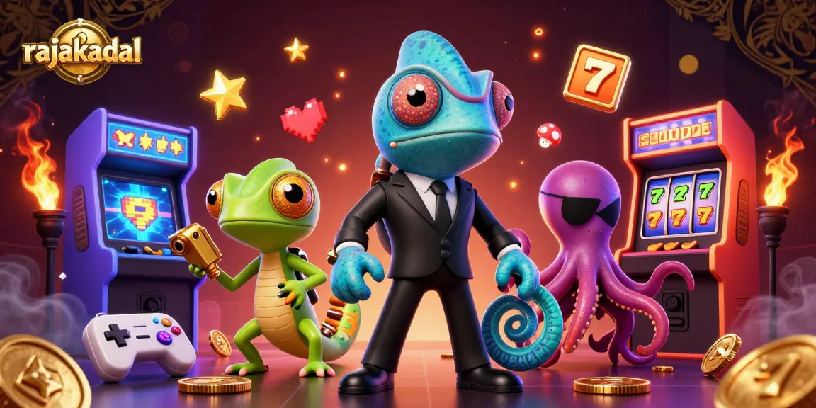 Gambarkan rajakadal dalam permainan slot yang penuh warna, menyenangkan dengan elemen kasino yang menarik.