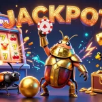 Rbk celebrates with a 3D hercules beetle and golden poker chip amidst a jackpot explosion.
