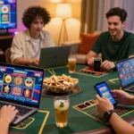 Grandbetting players enjoying an online betting experience in a lively home setting with digital casino games.