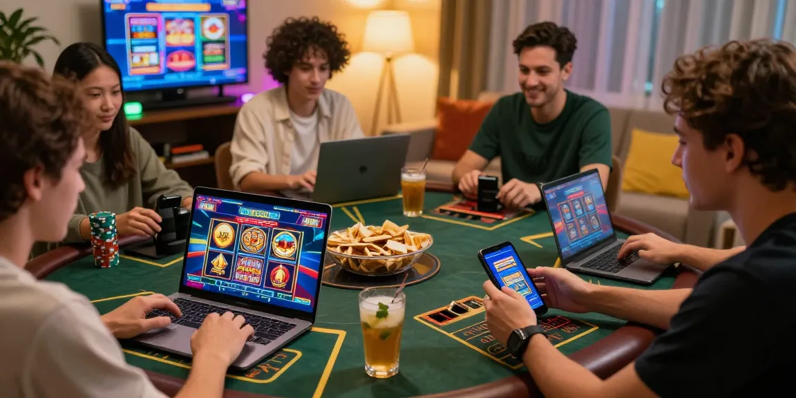Grandbetting players enjoying an online betting experience in a lively home setting with digital casino games.