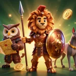 Experience the thrill of gaming with phlwin's vibrant 3D casino illustration featuring a lion, owl, and greyhound among crypto elements.