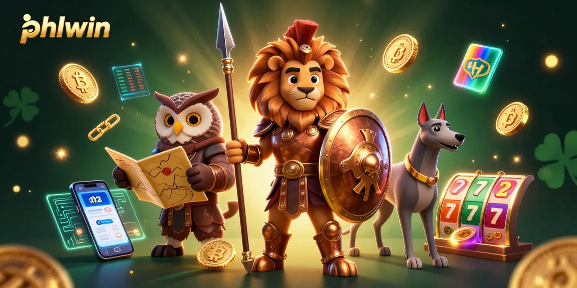 Experience the thrill of gaming with phlwin's vibrant 3D casino illustration featuring a lion, owl, and greyhound among crypto elements.