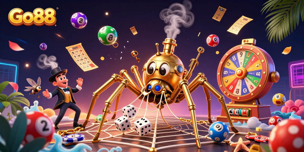 Engage with Go88’s vibrant 3D casino scene featuring steampunk elements and dynamic lottery action.
