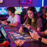 Friends enjoying a game night with exciting slot games and card games in a colorful gaming lounge.
