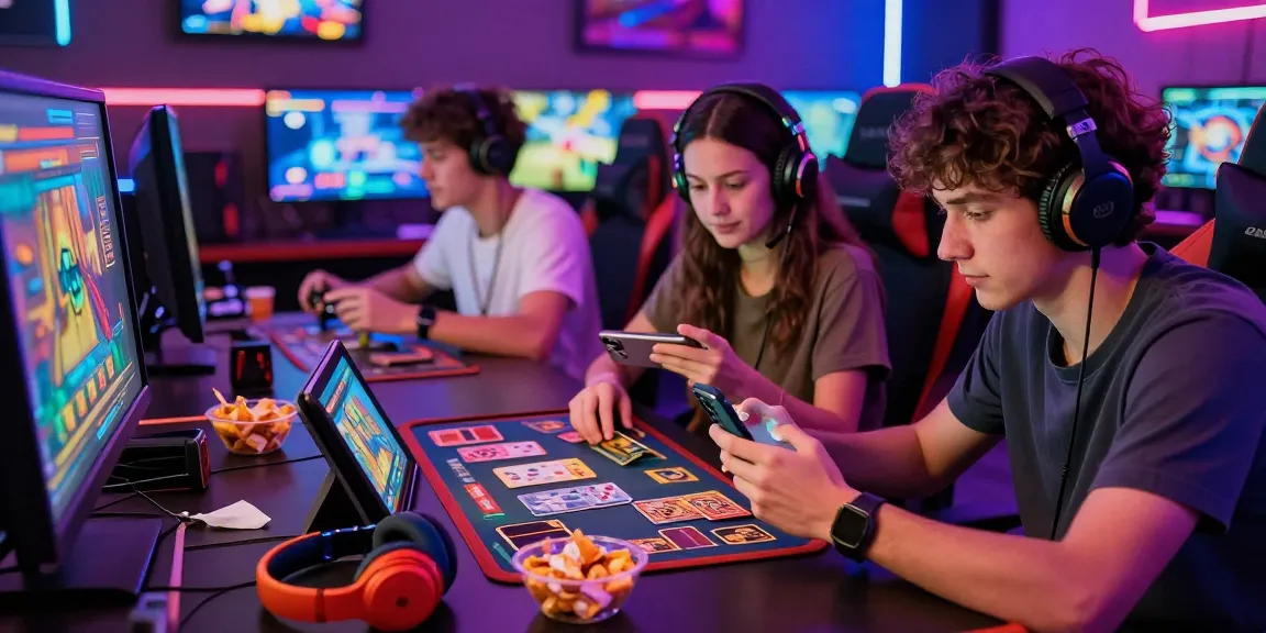 Friends enjoying a game night with exciting slot games and card games in a colorful gaming lounge.
