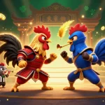 Engage in thrilling action with 8xbet com featuring fighting roosters in a vibrant online casino setting.