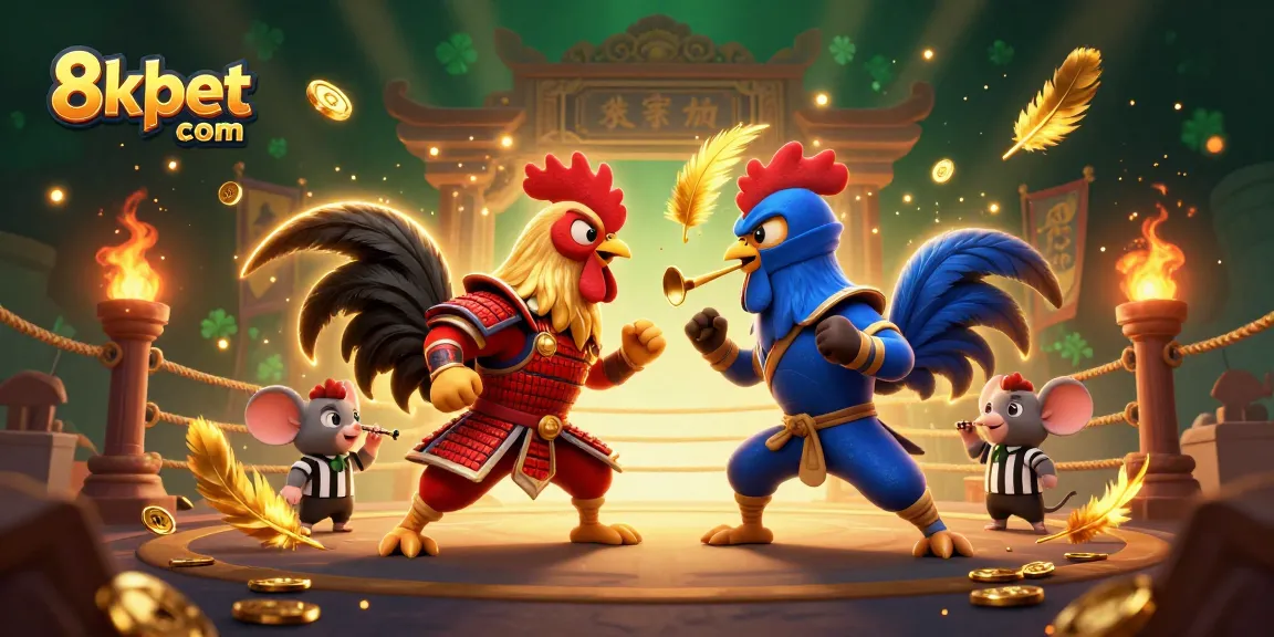 Engage in thrilling action with 8xbet com featuring fighting roosters in a vibrant online casino setting.