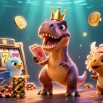 Menangkan jackpot dengan slot88 dalam ilustrasi menarik bersama dinosaurus dan simbol keberuntungan.