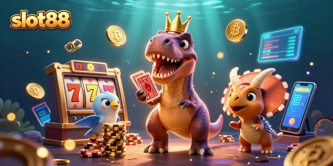 Menangkan jackpot dengan slot88 dalam ilustrasi menarik bersama dinosaurus dan simbol keberuntungan.