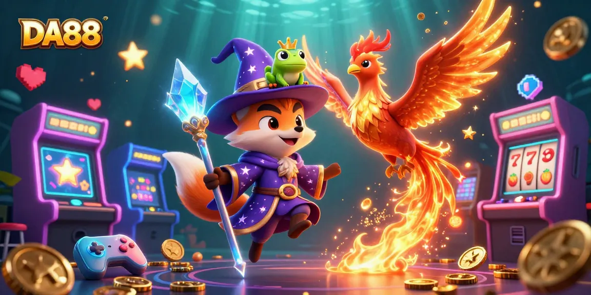 Experience DA88's magical gaming world with animated characters and slot elements surrounding a vibrant scene.