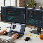 Coding workspace with a developer focused on dual monitors and a laptop, showcasing a collaborative slot application design.