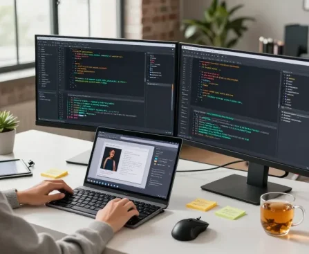 Coding workspace with a developer focused on dual monitors and a laptop, showcasing a collaborative slot application design.